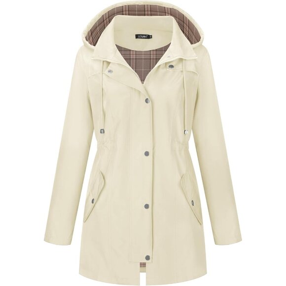 💫 Women Cream Waterproof Trench Coat Outdoor Hiking Lightweight Hooded Raincoat - Picture 2 of 5